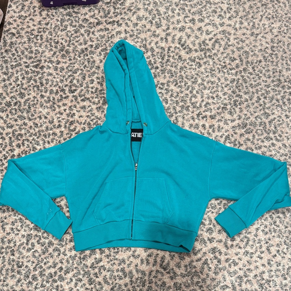 Katie J NYC Teal Crop Zip-Up Hoodie